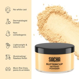 Sacha BUTTERCUP Setting Powder. No Ashy Flashback. Blurs Fine Lines and Pores. Loose, Translucent Face Powder to Set Makeup Foundation or Concealer. For Medium to Dark Skin Tones, 1.75 oz. Sacha BUTTERCUP Setting Powder. No Ashy Flashback. Blurs Fine Lines and Pores. Loose, Translucent Face Powder to Set Makeup Foundation or Concealer. For Medium to Dark Skin Tones, 1.75 oz.