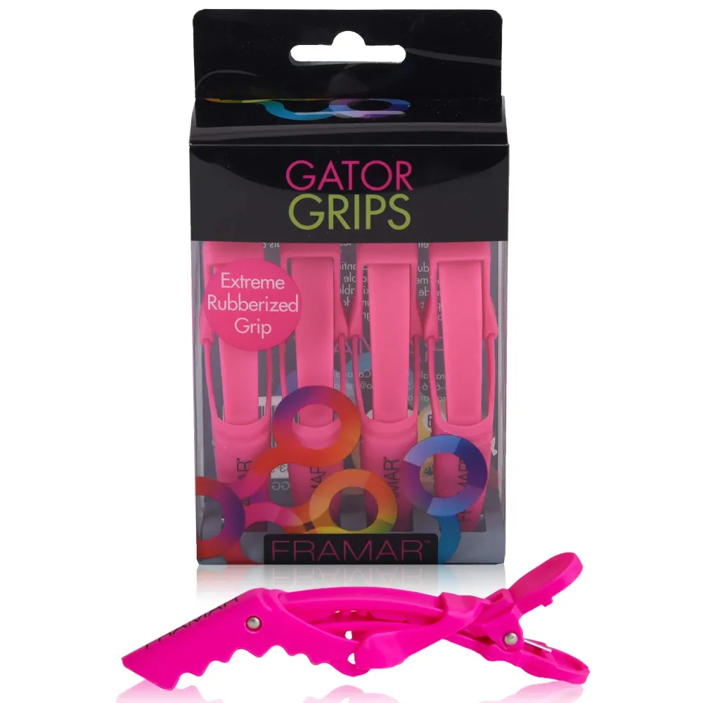 Framar Gator Grips Pink Styling Hair Clips - Professional Pink Hair Clips with Hair Styling and Sectioning, Rubberized - Wide Teeth & Durable for Hair Salon - 4 Pack Framar Gator Grips Pink Styling Hair Clips - Professional Pink Hair Clips with Hair Styling and Sectioning, Rubberized - Wide Teeth & Durable for Hair Salon - 4 Pack