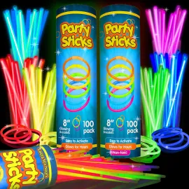 PartySticks Glow Sticks Party Supplies 200pk - 8 Inch Glow in the Dark Light Up Sticks Party Favors, Glow Party Decorations, Neon Party Glow Necklaces and Glow Bracelets with Connectors