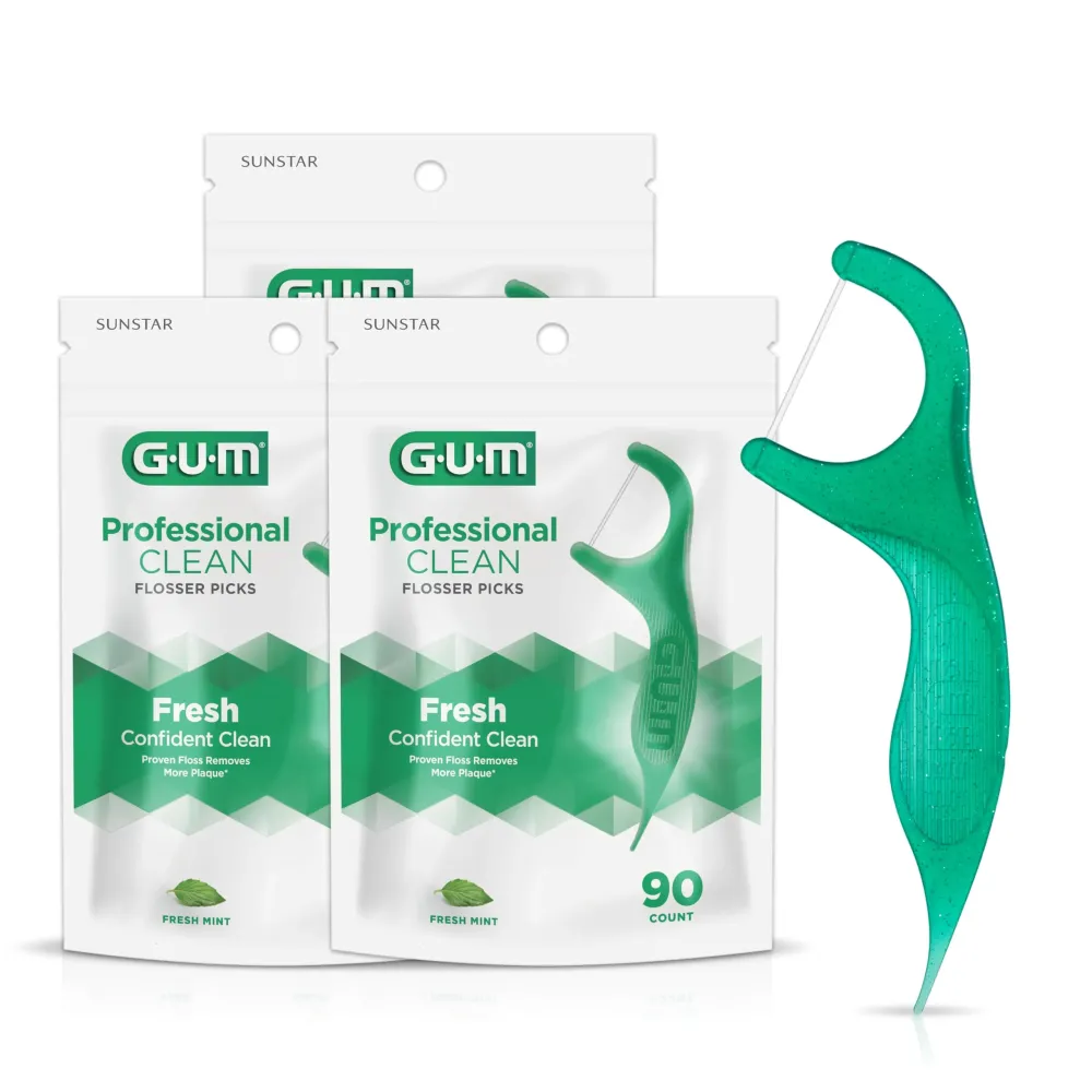 GUM Professional Clean Floss Picks - Extra Strong Shred-Resistant Floss, Easy Grip Handle - Dental Flossers for Adults - Fresh Mint Flavor, 90ct (3pk) GUM Professional Clean Floss Picks - Extra Strong Shred-Resistant Floss, Easy Grip Handle - Dental Flossers for Adults - Fresh Mint Flavor, 90ct (3pk)