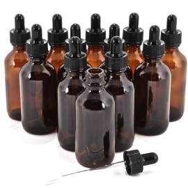 12, Amber, 2 oz Glass Bottles, with Glass Eye Drop..