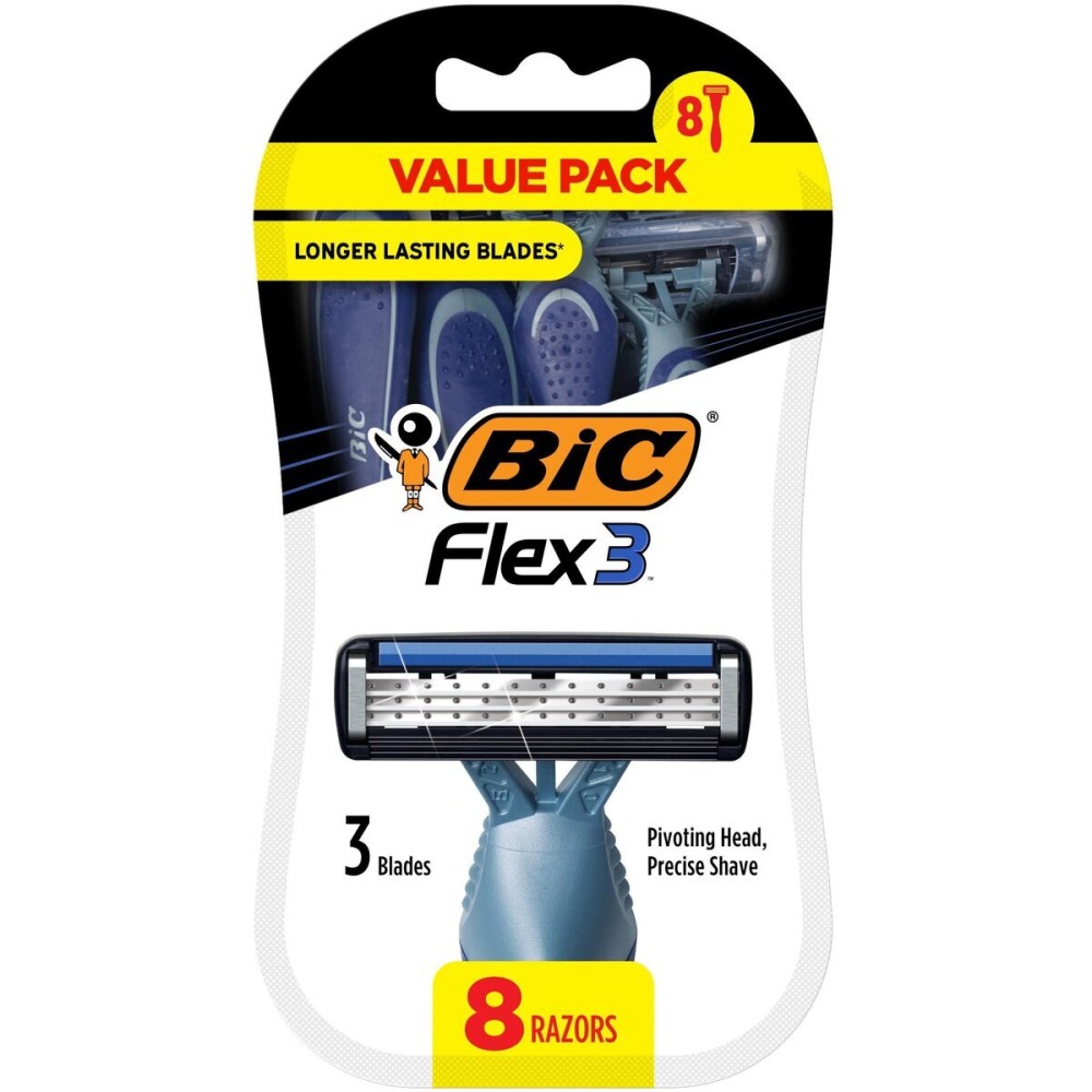 BIC Flex 3 Mens Disposable Razors With 3 Blades, Ideal Razor For Face and Body Shaving, 8 Piece Razor Kit for Men