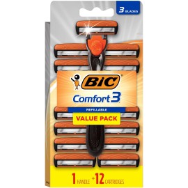 BIC Comfort 3 Refillable Men\'s Razor Gift Set for Father\'s Day, Perfect for Face Shaving, 1 Handle and 12 Cartridges in a Pack