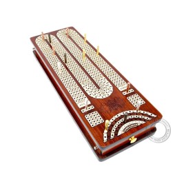 Continuous Cribbage Board Bloodwood/Maple and Side Pull Drawers - 4 Tracks with Place to Mark Won Games - House of Cribbage