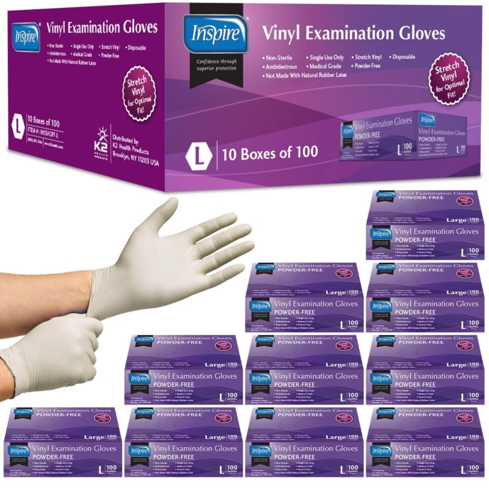 Inspire Stretch Vinyl Exam Gloves | THE ORIGINAL Quality Disposable Latex Free Medical Glove Cleaning Cooking Food Service Labs Healthcare and Household, Large 1000 Count Inspire Stretch Vinyl Exam Gloves | THE ORIGINAL Quality Disposable Latex Free Medical Glove Cleaning Cooking Food Service Labs Healthcare and Household, Large 1000 Count