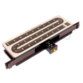 House of Cribbage - Continuous Cribbage Board / Box inlaid Rosewood 3 Tracks on Maple Board 12 : Sliding Lid : Drawer
