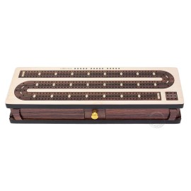 House of Cribbage - Continuous Cribbage Board / Box inlaid Rosewood 3 Tracks on Maple Board 12 : Sliding Lid : Drawer