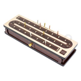 House of Cribbage - Continuous Cribbage Board / Box inlaid Rosewood 3 Tracks on Maple Board 12 : Sliding Lid : Drawer