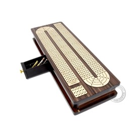 House of Cribbage - Continuous Cribbage Board Inlaid 4 Tracks Rosewood/Maple with Sliding Lids and Drawer