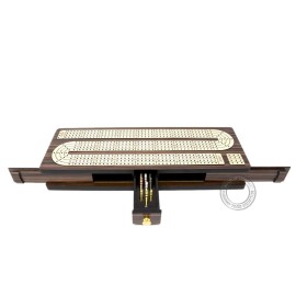 House of Cribbage - Continuous Cribbage Board Inlaid 4 Tracks Rosewood/Maple with Sliding Lids and Drawer
