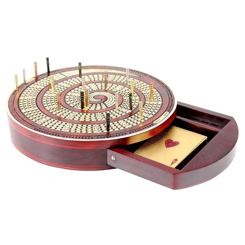 House of Cribbage - Cribbage Board Spiral Design Round Shape 4 Tracks Bloodwood/Maple with Place for Skunks, Corners & Won Games House of Cribbage - Cribbage Board Spiral Design Round Shape 4 Tracks Bloodwood/Maple with Place for Skunks, Corners & Won Games