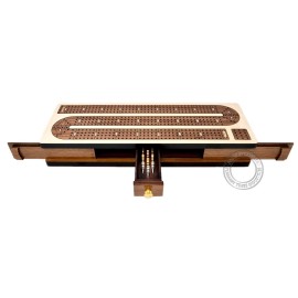 House of Cribbage - Continuous Cribbage Board Inlaid 4 Tracks Maple/Teakwood with Sliding Lids and Drawer