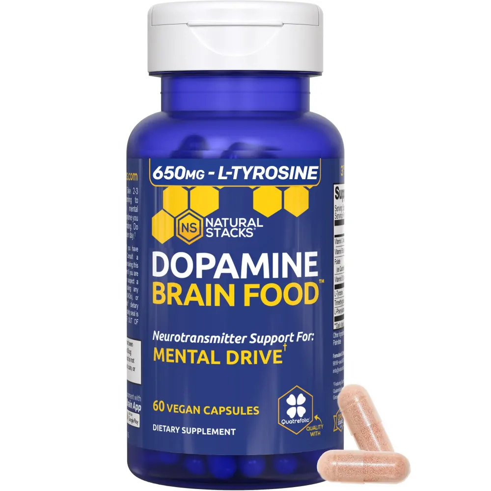 NATURAL STACKS Dopamine Brain Food - 650mg L-Tyrosine Supplement - Dopamine Supplement for Focus & Mental Drive - Supports Mental Energy - Neurotransmitter Support with B Vitamins - 60 Capsules NATURAL STACKS Dopamine Brain Food - 650mg L-Tyrosine Supplement - Dopamine Supplement for Focus & Mental Drive - Supports Mental Energy - Neurotransmitter Support with B Vitamins - 60 Capsules