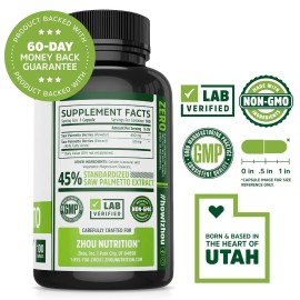 Zhou Nutrition Saw Palmetto Extract 500 mg, Prostate Health, Urinary Tract Support, DHT Blocker for Men and Women Hair Growth, Non-GMO, 100 Capsules (Packaging may vary)