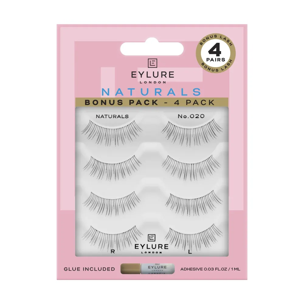 Eylure Naturals No. 020 Reusable Eyelashes, Adhesive Included, Black, 4 Pairs Eylure Naturals No. 020 Reusable Eyelashes, Adhesive Included, Black, 4 Pairs