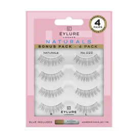 Eylure Naturals No. 020 Reusable Eyelashes, Adhesive Included, Black, 4 Pairs