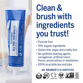 Dr. Bronners - All-One Toothpaste (Peppermint, 5 ounce) - 70% Organic Ingredients, Natural and Effective, Fluoride-Free, SLS-Free, Helps Freshen Breath, Reduce Plaque, Whiten Teeth, Vegan Dr. Bronners - All-One Toothpaste (Peppermint, 5 ounce) - 70% Organic Ingredients, Natural and Effective, Fluoride-Free, SLS-Free, Helps Freshen Breath, Reduce Plaque, Whiten Teeth, Vegan