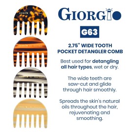 Giorgio G63 Detangling Comb for Women - Wide Tooth, Pocket and Travel Size for Thick Hair, Wet or Dry Everyday Care. Handmade, Saw-Cut, and Polished