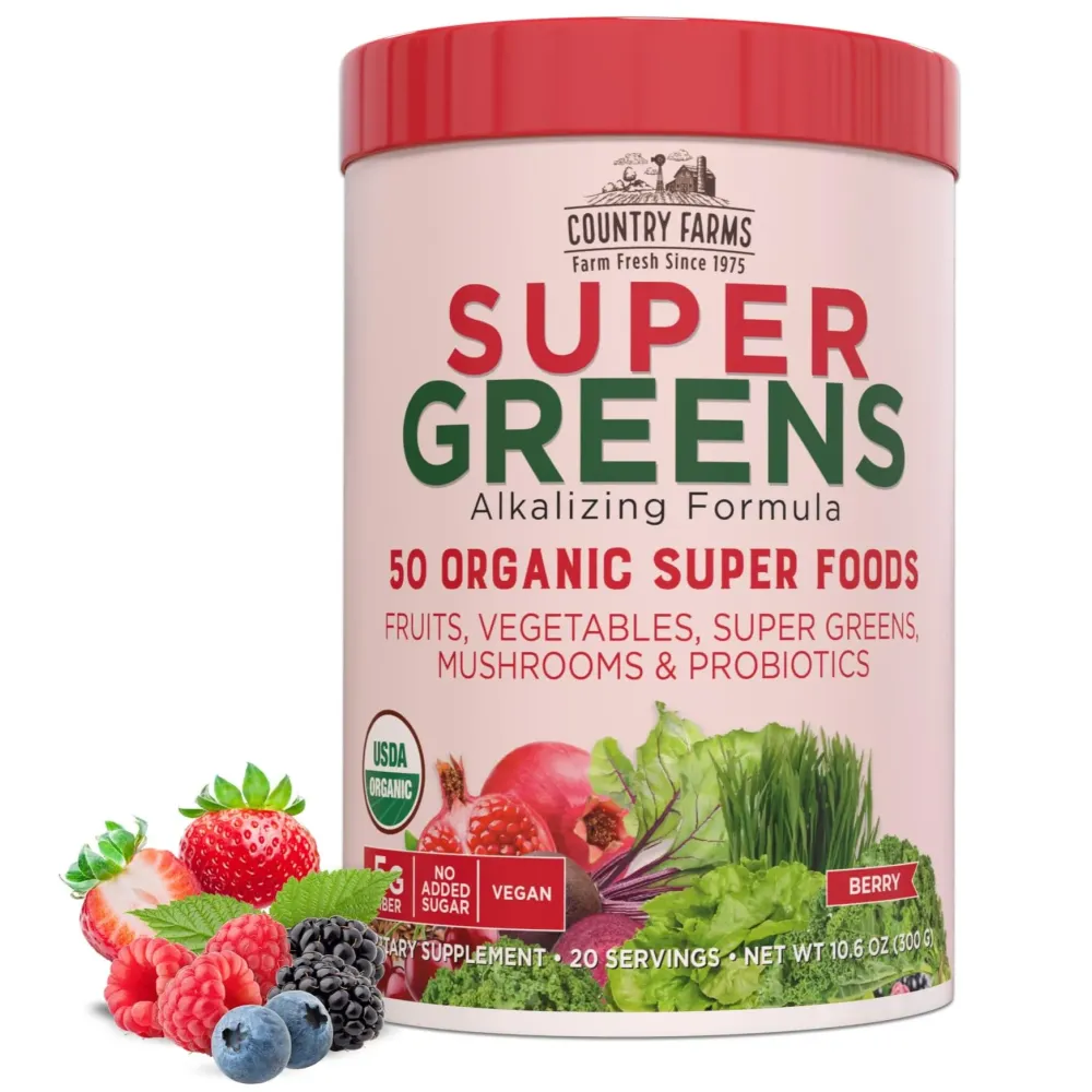 Country Farms Organic Super Greens Berry Flavor, 50 Organic Super Foods, Packed with Fiber, USDA Organic Drink Mix, Fruits, Vegetables, Mushrooms & Probiotics, Supports Energy, 5g Fiber Country Farms Organic Super Greens Berry Flavor, 50 Organic Super Foods, Packed with Fiber, USDA Organic Drink Mix, Fruits, Vegetables, Mushrooms & Probiotics, Supports Energy, 5g Fiber