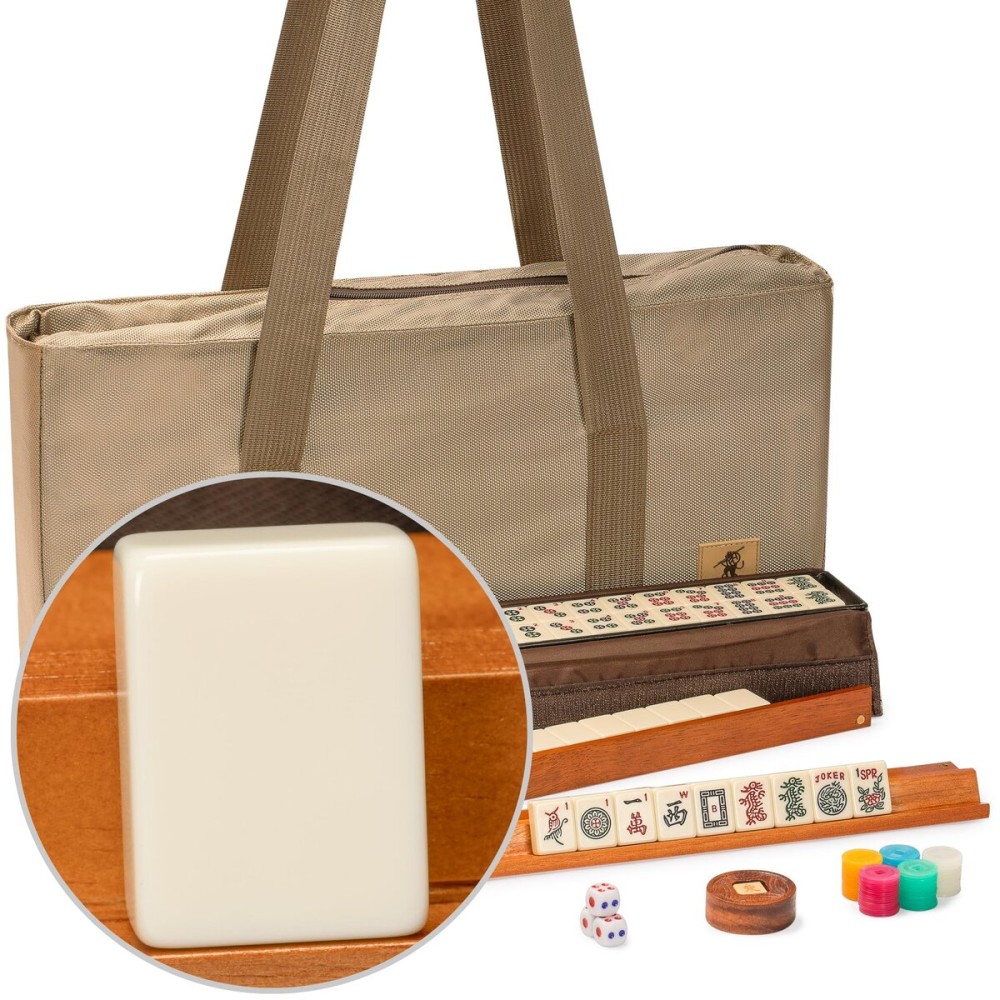 Yellow Mountain Imports American Mahjong Set, Mojave (Ivory) with Brown Soft Case, All-in-One Racks with Pushers, Wright Patterson Scoring Coins, Dice, & Wind Indicator