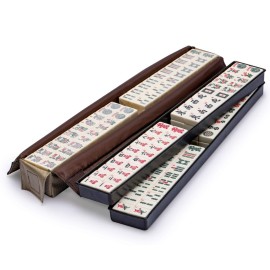 Yellow Mountain Imports American Mahjong Set, Mojave (Ivory) with Brown Soft Case, All-in-One Racks with Pushers, Wright Patterson Scoring Coins, Dice, & Wind Indicator