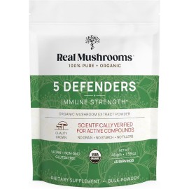 Real Mushrooms 5 Defenders Powder - Organic Mushroom Extract w/Chaga, Shiitake, Maitake, Turkey Tail, Reishi Supplement Vegan, Non-GMO, 45 Servings