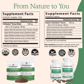 Real Mushrooms 5 Defenders Powder - Organic Mushroom Extract w/Chaga, Shiitake, Maitake, Turkey Tail, Reishi Supplement Vegan, Non-GMO, 45 Servings