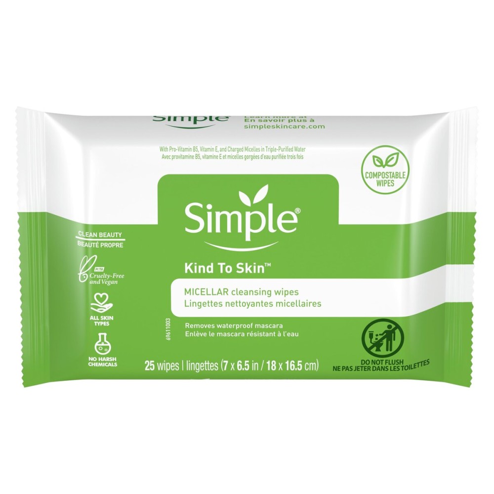 Simple Kind to Skin Cleansing Wipes Micellar Gentle and Effective Makeup Remover Free from color and dye, artificial perfume and harsh chemicals 25 Wipes Simple Kind to Skin Cleansing Wipes Micellar Gentle and Effective Makeup Remover Free from color and dye, artificial perfume and harsh chemicals 25 Wipes