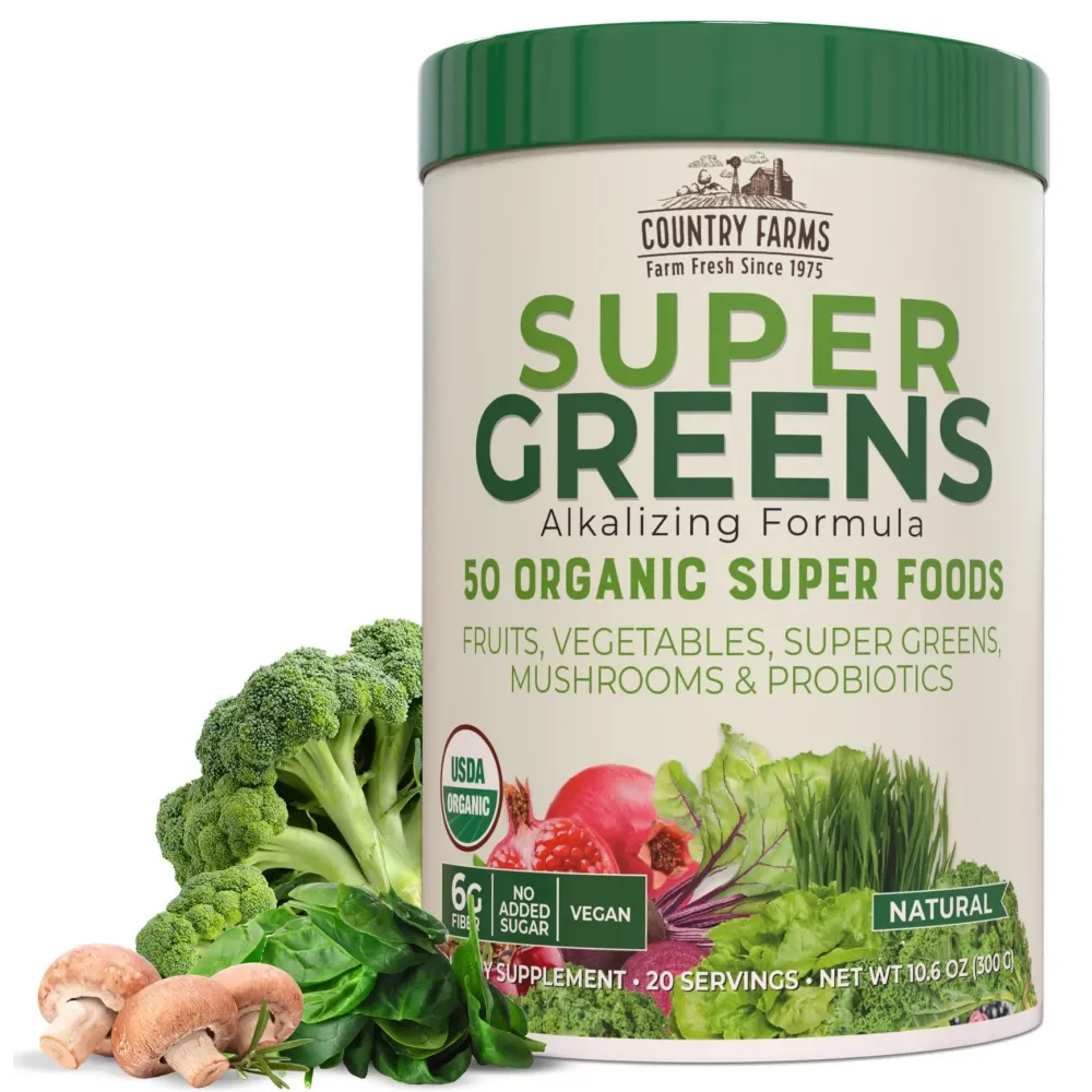 COUNTRY FARMS Organic Super Greens Natural Flavor, 50 Organic Super Foods, Packed with Fiber, USDA Organic Drink Mix, Fruits, Vegetables, Mushrooms & Probiotics, Supports Energy, 6g Fiber COUNTRY FARMS Organic Super Greens Natural Flavor, 50 Organic Super Foods, Packed with Fiber, USDA Organic Drink Mix, Fruits, Vegetables, Mushrooms & Probiotics, Supports Energy, 6g Fiber