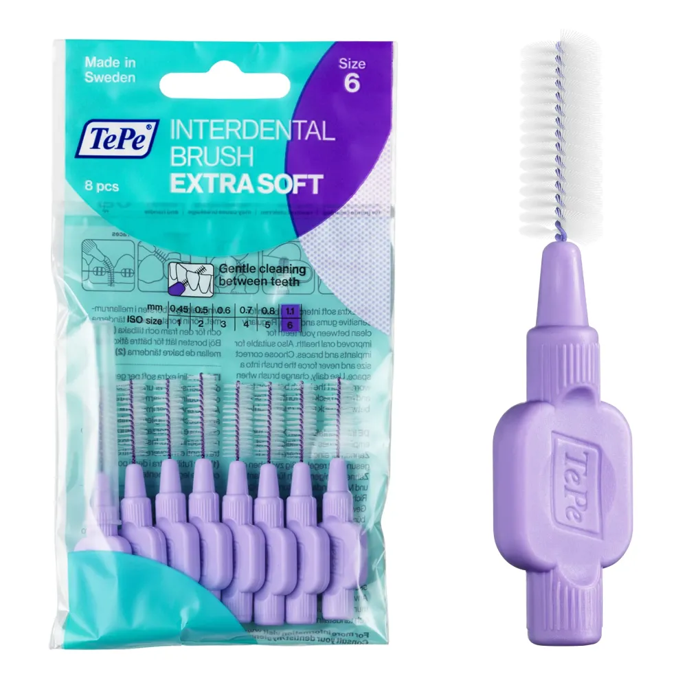 TePe Interdental Brush Extra Soft, Supersoft Dental Brush for Teeth Cleaning, Pack of 8, 1.1 mm, Large Gaps, Purple, Size 6 TePe Interdental Brush Extra Soft, Supersoft Dental Brush for Teeth Cleaning, Pack of 8, 1.1 mm, Large Gaps, Purple, Size 6