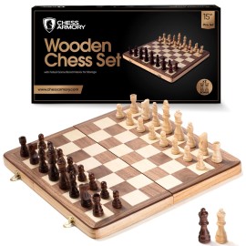 Chess Armory Wooden Chess Set 15 Inch - Classic Handcrafted Game Board for Adults and Kids with Extra Queen Pieces and Storage Box - Ideal for Home and Travel - Non-Magnetic