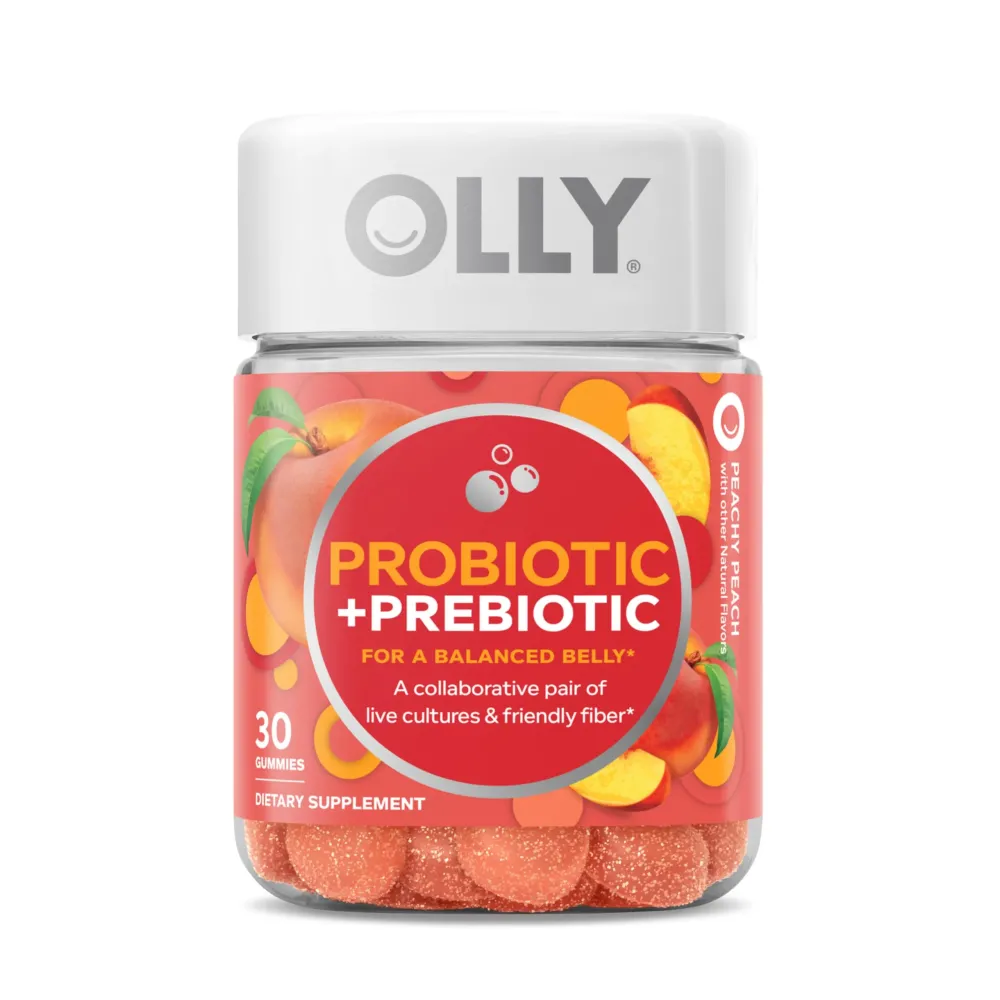 OLLY Probiotic + Prebiotic Gummy, Digestive Support and Gut Health, 500 Million CFUs, Fiber, Adult Chewable Supplement for Men and Women, Peach, 30 Day Supply - 30 Count OLLY Probiotic + Prebiotic Gummy, Digestive Support and Gut Health, 500 Million CFUs, Fiber, Adult Chewable Supplement for Men and Women, Peach, 30 Day Supply - 30 Count