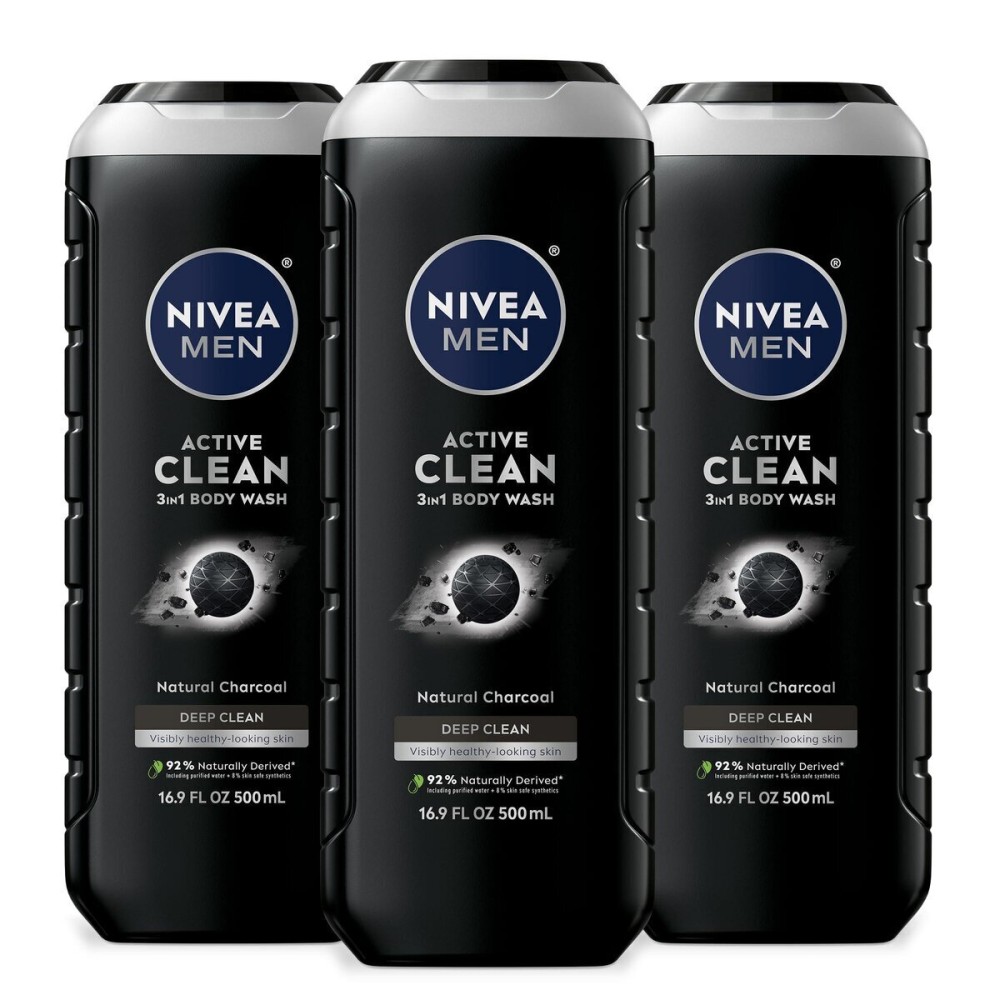 NIVEA MEN Active Clean Body Wash with Natural Charcoal, Skin Care Gifts for Dad, 3-in-1 Charcoal Body Wash, Face and Hair, For Normal to Oily Skin, 16.9 Fl Oz Bottle, Pack of 3