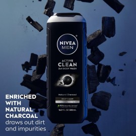 NIVEA MEN Active Clean Body Wash with Natural Charcoal, Skin Care Gifts for Dad, 3-in-1 Charcoal Body Wash, Face and Hair, For Normal to Oily Skin, 16.9 Fl Oz Bottle, Pack of 3