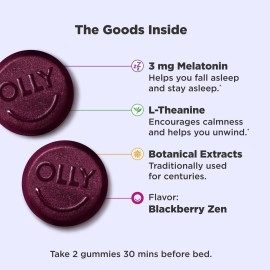 OLLY Sleep Gummy, 3 mg Melatonin, L-Theanine, Chamomile, Lemon Balm, Sleep Aid, Blackberry, 50 Count OLLY Sleep Gummy, 3 mg Melatonin, L-Theanine, Chamomile, Lemon Balm, Sleep Aid, Blackberry, 50 Count