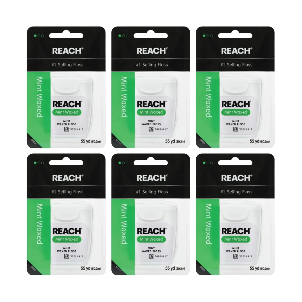 REACH Waxed Dental Floss, Mint, Plaque Remover for Teeth, Shred Resistant, Floss Slides Smoothly, Easy to Use, Waxed, Deep Cleaning Teeth, Oral Care, PFAS Free, for Adults & Kids, 6 Pack, 55 yd REACH Waxed Dental Floss, Mint, Plaque Remover for Teeth, Shred Resistant, Floss Slides Smoothly, Easy to Use, Waxed, Deep Cleaning Teeth, Oral Care, PFAS Free, for Adults & Kids, 6 Pack, 55 yd