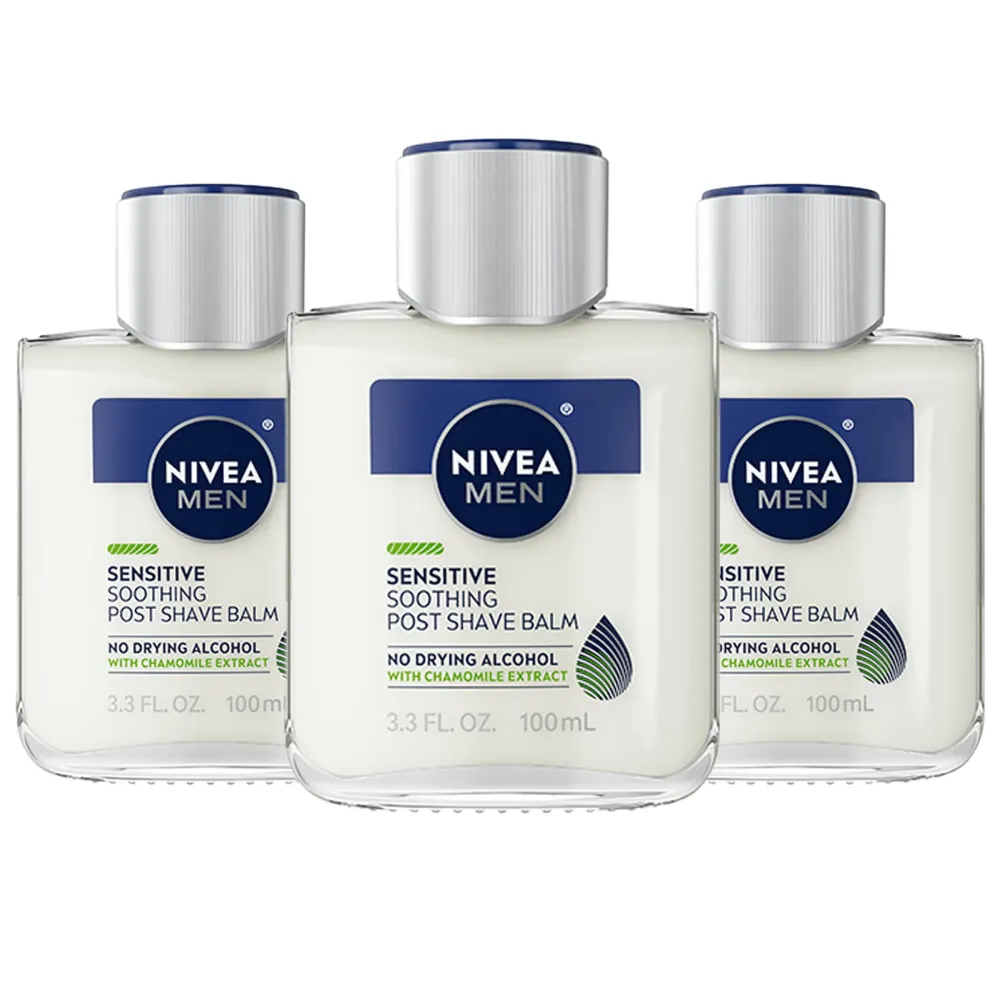 NIVEA MEN Sensitive Soothing Post Shave Balm with Vitamin E, Pro-Vitamin B5 and Chamomile Extract, Skin Care Gifts for Dad, Alcohol Free After Shave Balm for Men, 3.3 Fl Oz Bottle, Pack of 3 NIVEA MEN Sensitive Soothing Post Shave Balm with Vitamin E, Pro-Vitamin B5 and Chamomile Extract, Skin Care Gifts for Dad, Alcohol Free After Shave Balm for Men, 3.3 Fl Oz Bottle, Pack of 3