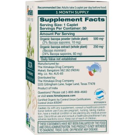 Himalaya Organic Bacopa - Bacopa Monnieri Herbal Brain Supplements for Memory and Focus Support - USDA Organic, Vegan, Non-GMO, Gluten Free, 750 mg, 30 Caplets