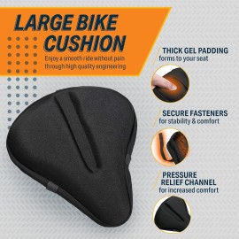 Bikeroo Comfort Bike Seat Cushion - Black Wide Padded Gel Cover for Exercise, Mountain & Road Bikes, Universal Fit for Peloton & Stationary Bikes
