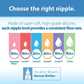 Dr. Browns Natural Flow Level 2 Narrow Baby Bottle Silicone Nipple, Medium Flow, 3m+, 100% Silicone Bottle Nipple, 6 Count Dr. Browns Natural Flow Level 2 Narrow Baby Bottle Silicone Nipple, Medium Flow, 3m+, 100% Silicone Bottle Nipple, 6 Count