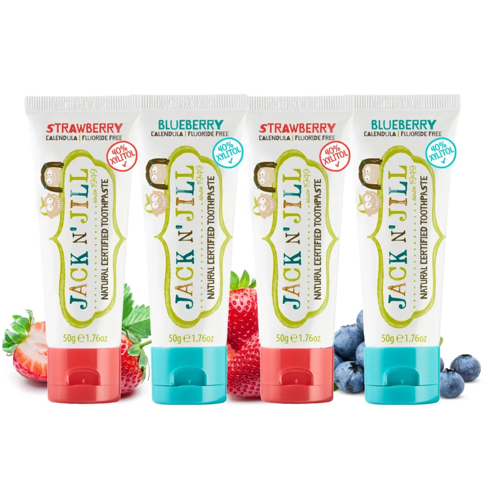 Jack N\' Jill Natural Toothpaste for Baby and Infants - Fluoride Free Training Toothpaste, 40% Xylitol, BPA Free - Strawberry & Blueberry, 1.76 oz (Pack of 4) Jack N\' Jill Natural Toothpaste for Baby and Infants - Fluoride Free Training Toothpaste, 40% Xylitol, BPA Free - Strawberry & Blueberry, 1.76 oz (Pack of 4)