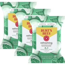 Burt\'s Bees Cucumber & Mint Face Wipes, for All Skin Types, Refreshing Makeup Remover & Facial Cleansing Towelettes, 30 Ct. (3-Pack)