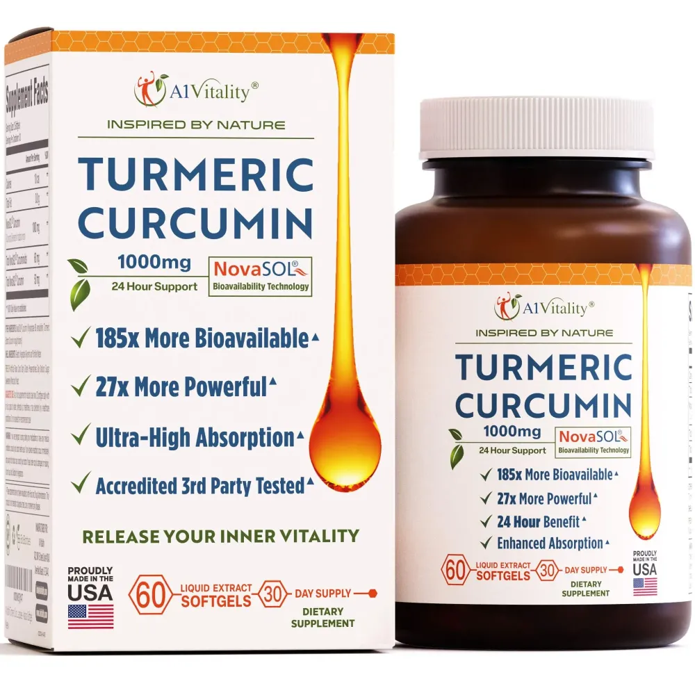 A1Vitality Turmeric Curcumin NovaSOL 1000mg - Nature\'s Joint Support Supplements - 185x Bioavailable Than Standard Curcumin - Natural Softgels A1Vitality Turmeric Curcumin NovaSOL 1000mg - Nature\'s Joint Support Supplements - 185x Bioavailable Than Standard Curcumin - Natural Softgels