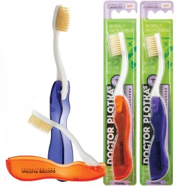 MOUTHWATCHERS Soft Flossing Folding Travel Toothbrush, 2 Pack, Red, Ultra Clean, Good for Sensitive Teeth and Gums, by Dr. Plotka\'s. Assorted Colors