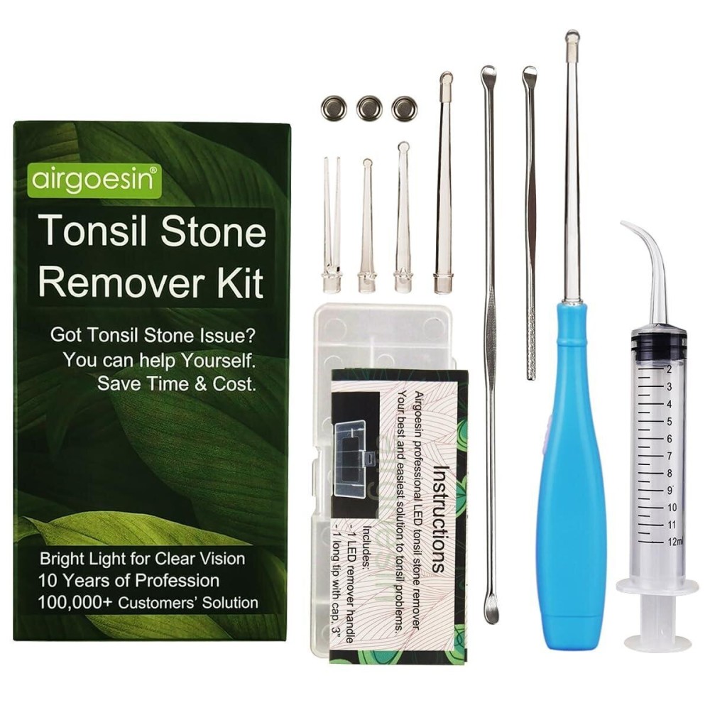Airgoesin Upgraded Tonsil Stone Remover Tool, Blue, 5 Tips, Tonsillolith Pick Case + 1 Irrigator Fresh Breath Oral Rinse Airgoesin Upgraded Tonsil Stone Remover Tool, Blue, 5 Tips, Tonsillolith Pick Case + 1 Irrigator Fresh Breath Oral Rinse