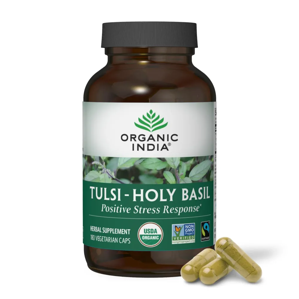 Organic India Tulsi Holy Basil Capsules - Holy Basil Extract - Holy Basil Leaf Supplement, Herbal Supplement, Immune Support, Stress Relief, Vegan, Gluten-Free, Kosher, Organic, Non-GMO - 180 Capsules Organic India Tulsi Holy Basil Capsules - Holy Basil Extract - Holy Basil Leaf Supplement, Herbal Supplement, Immune Support, Stress Relief, Vegan, Gluten-Free, Kosher, Organic, Non-GMO - 180 Capsules