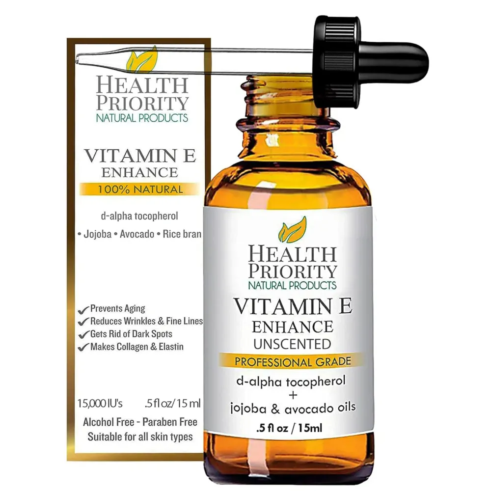 Health Priority Naturals Organic Vitamin E Oil for Skin - 0.5 Fl oz Vitamin E Serum with Jojoba and Avocado Oil - 15000 IU Unscented, Handcrafted for Face and Hair, Non-GMO and No Gluten