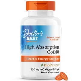 Doctor\'s Best High Absorption COQ10, Heart & Energy Support, USP Verified, Naturally Fermented CoQ10, Non-GMO Gluten Free, Soy Free, 60 Veggie Softgels