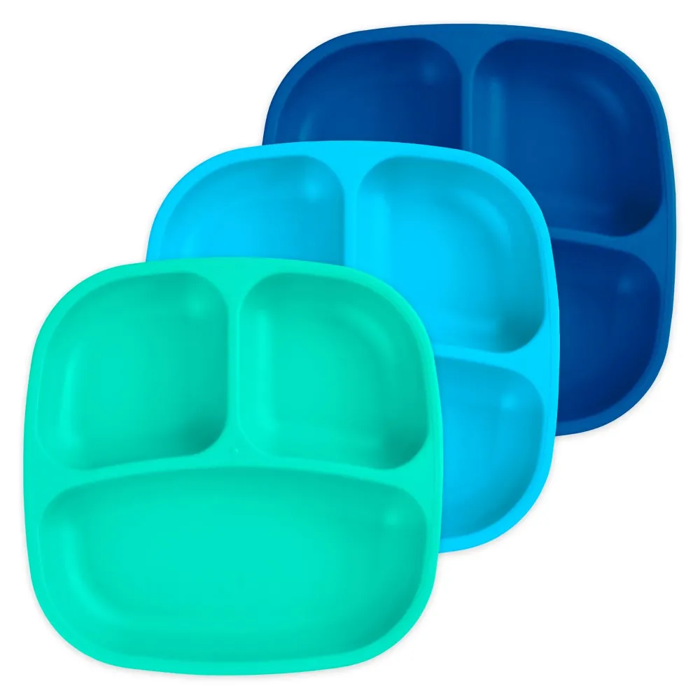 Re-Play Toddler Plates with Dividers - Deep-Walled 3 Compartments Divided Plates for Kids - Dishwasher & Microwave Safe - Made in USA - Set of 3-7.37 x 7.37 x 1.25 - A True Blue