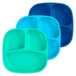 Re-Play Toddler Plates with Dividers - Deep-Walled 3 Compartments Divided Plates for Kids - Dishwasher & Microwave Safe - Made in USA - Set of 3-7.37 x 7.37 x 1.25 - A True Blue